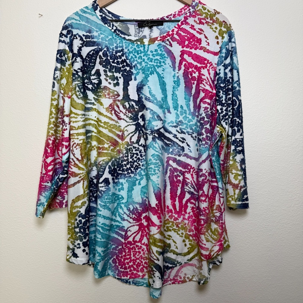 Calessa Women Top 2X  Multicolor Textured 3/4 Sleeve Arsty Lagenlook Crewneck